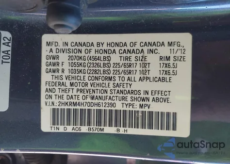 2013 Honda Cr-V Ex-L from USA, damaged, VIN 2HKRM4H70DH612390